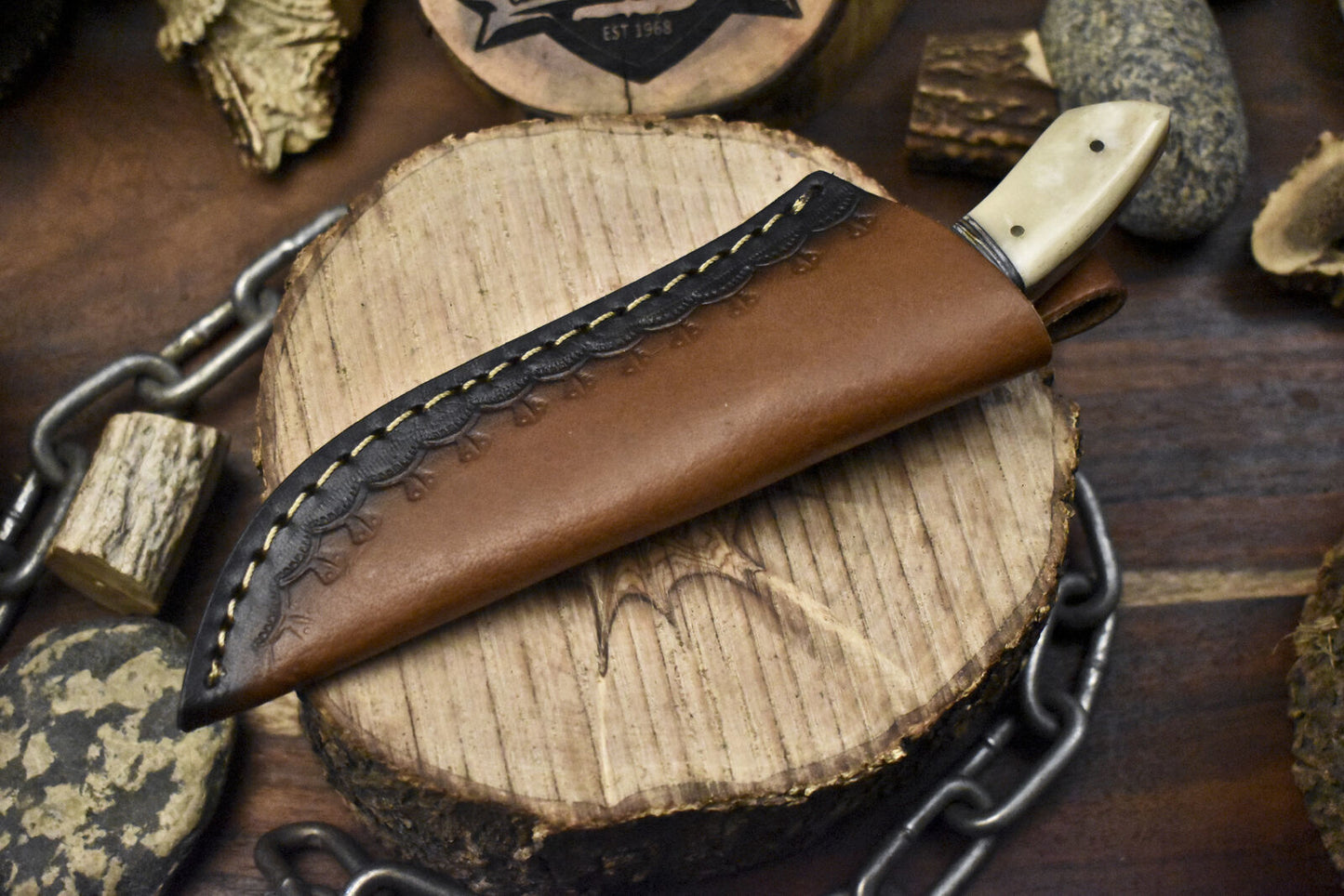 Twist Damascus Skinner Knife with Bone Handle and Brass Guard – Handmade Collectible Outdoor Blade with Leather Sheath