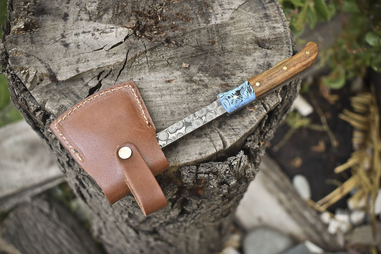 .Clever Chopper Axe Knife Rain Drop Damascus Walnut Wood with Leather Sheath