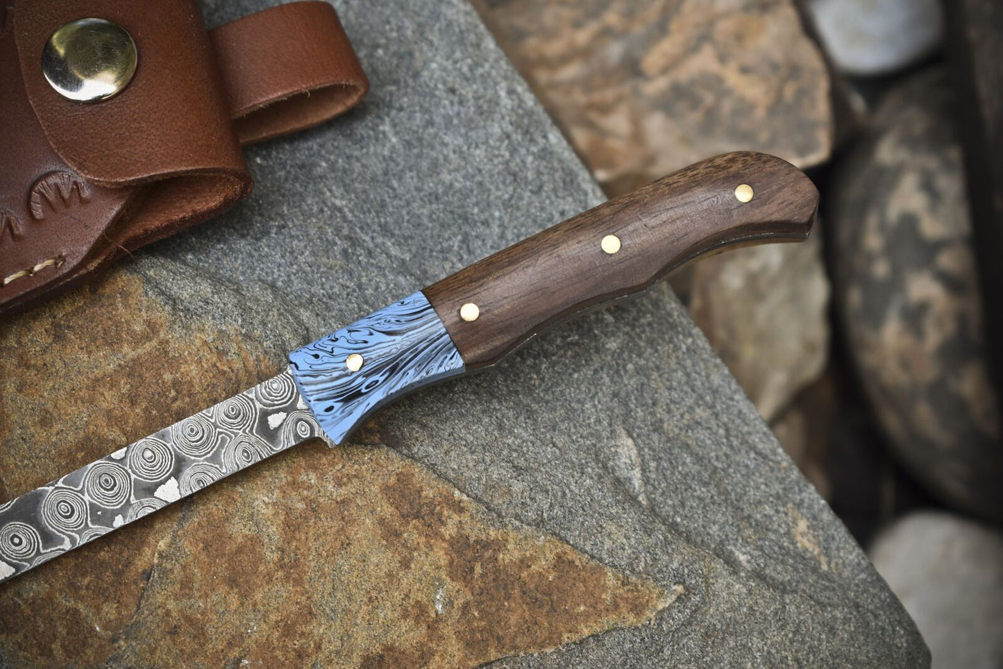 .Clever Chopper Axe Knife Rain Drop Damascus Walnut Wood with Leather Sheath