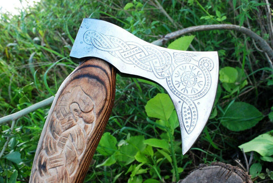 Hand Forged Carbon Steel Viking Axe with Dragon Engraved Ash Wood Handle & Leather Sheath