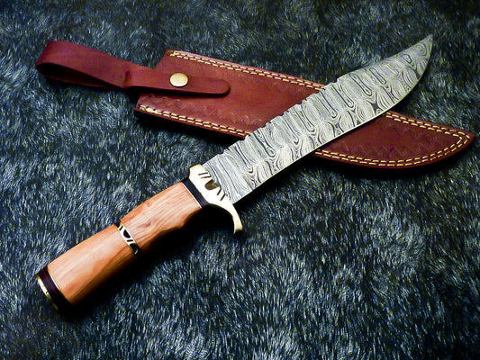 Damascus Steel Bowie Knife – Olive Wood Handle, 13" Hunting Knife