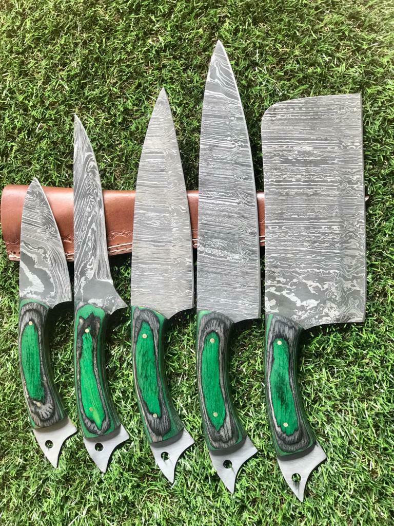 CUSTOM HANDMADE TWIST DAMASCUS STEEL CHEF SET KNIFE
