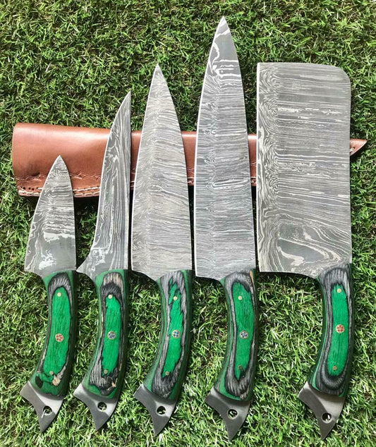 CUSTOM HANDMADE TWIST DAMASCUS STEEL CHEF SET KNIFE