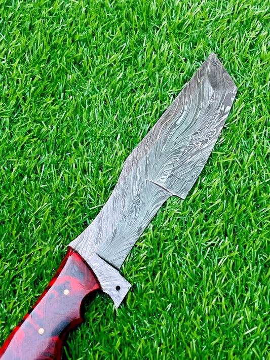 Handmade Damascus Steel Feather Pattern Tracker Knife – Camping, Hunting, Bushcraft, EDC with Resin Handle & Sheath