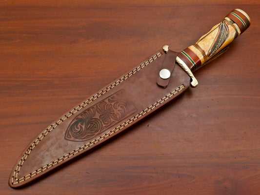 Handmade Damascus Bowie Hunting Knife – Stained Engraved Bone Handle