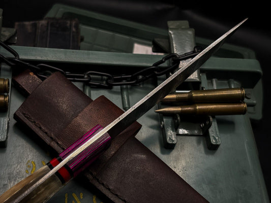 Handmade Damascus Steel Hunting Chef Kitchen Knife – EDC Horn Handle with Leather Sheath