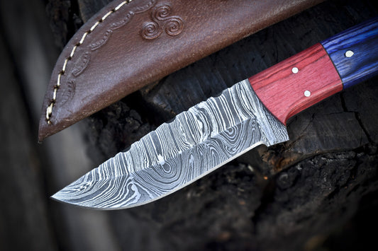 8" Twist Damascus Skinner Knife Hard Wood Handle Custom Handmade W/Sheath