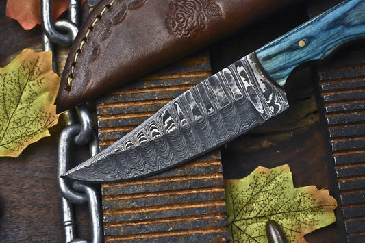 Custom Handmade 8 Inch Damascus Skinner Knife with Ladder Pattern Blade and Hard Wood Handle – Rare Camping Knife