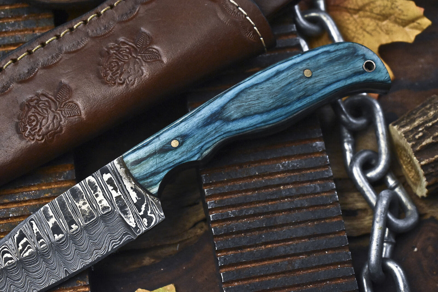 Custom Handmade 8 Inch Damascus Skinner Knife with Ladder Pattern Blade and Hard Wood Handle – Rare Camping Knife