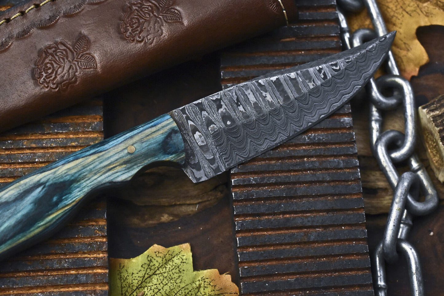 Custom Handmade 8 Inch Damascus Skinner Knife with Ladder Pattern Blade and Hard Wood Handle – Rare Camping Knife