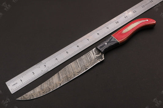 12.5" Custom Hand Forged Damascus Fillet Knife Damascus Steel Fillet Knife With Leather Sheath