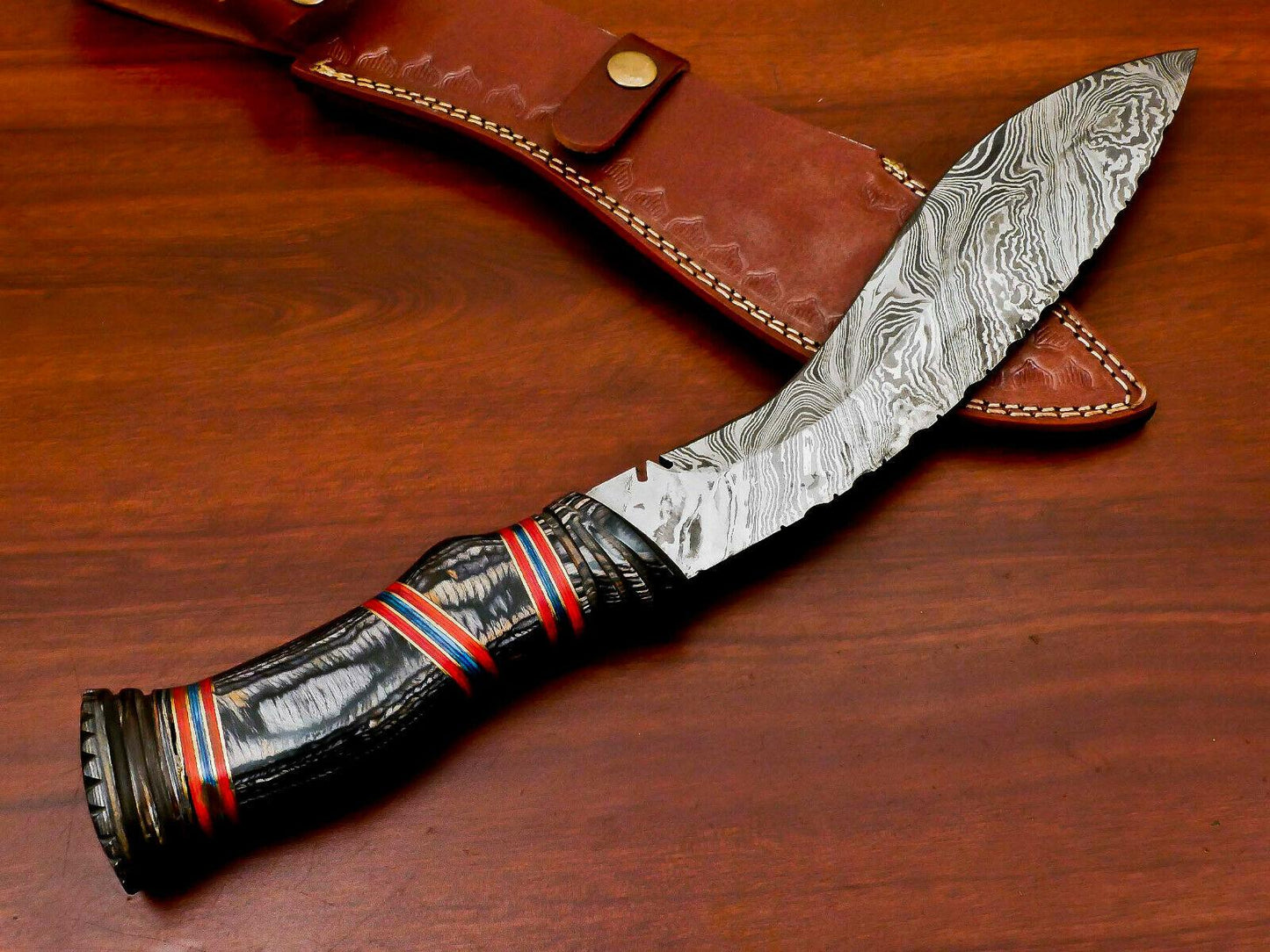 15" Hand Made Damascus Large Kukri Bowie Knife | Hand Carved Hardwood Handle