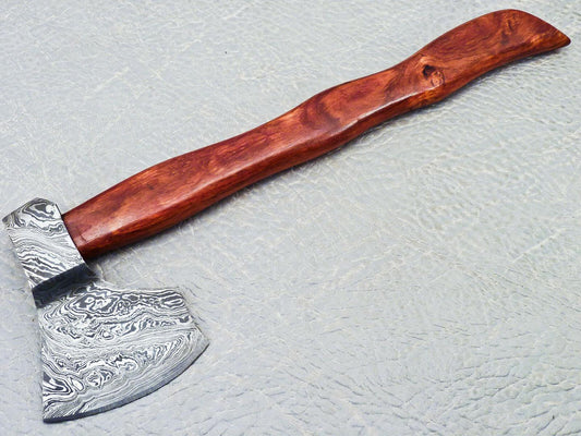 15" Custom Handmade Damascus Steel Axe With Natural Wood Handle and Leather Sheath