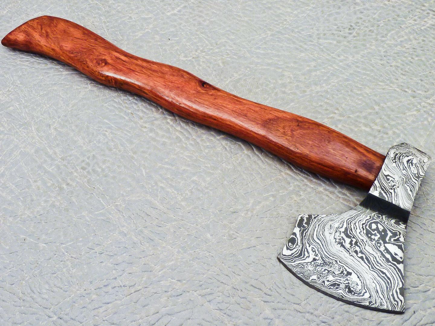 15" Custom Handmade Damascus Steel Axe With Natural Wood Handle and Leather Sheath