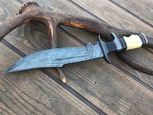 15" Big Brother Damascus Bowie Knife – Rosewood & Bone Handle with Leather Sheath