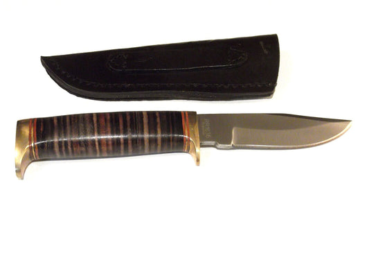 8" Skinner Knife – Stainless Steel Blade, Stacked Leather Handle, Brass Guard, Leather Sheath