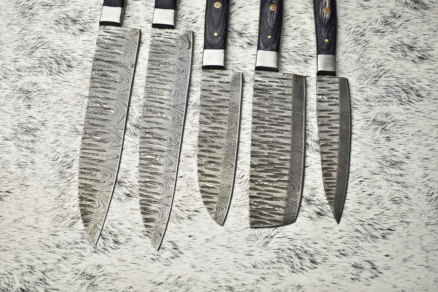 Lot Of 5 Handmade Damascus Steel Blade Hammered Chef Knife Set – Professional Kitchen Knives
