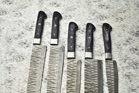 Lot Of 5 Handmade Damascus Steel Blade Hammered Chef Knife Set – Professional Kitchen Knives