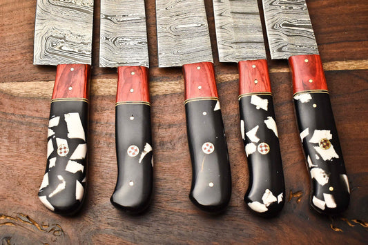 Set of 5 Handmade Hammered Damascus Steel Chef Knives – Premium Forged Kitchen Blades