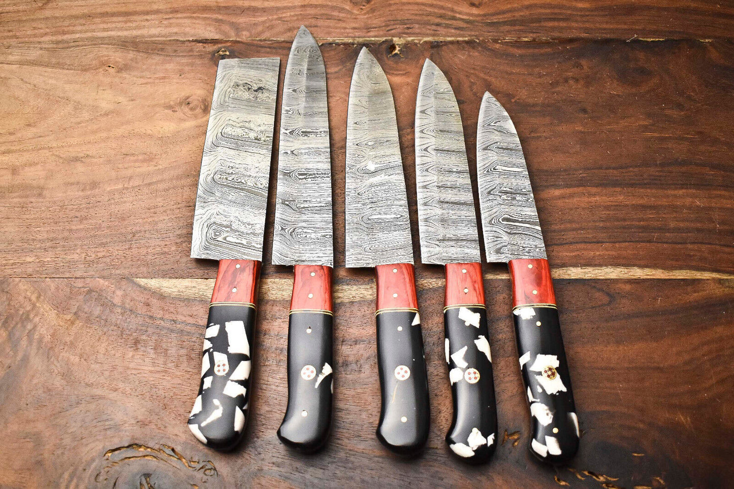 Exclusive 5-Piece Handmade Hammered Damascus Steel Chef Knife Set – Artisan Forged Blades