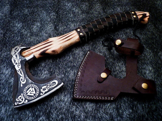 Custom Handmade Forged Viking Bearded Axe with Natural Wood Handle and Leather Sheath