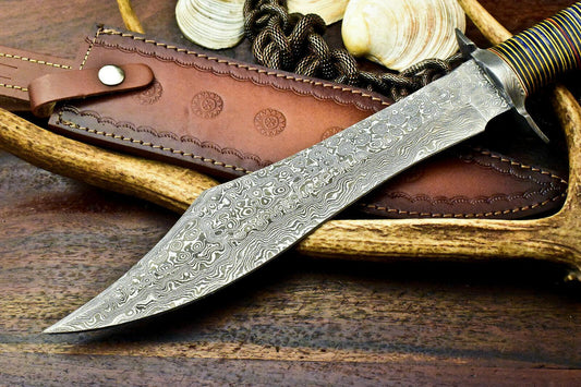 17" Damascus Bowie Hunting Knife – Wood Slice Handle with Leather Sheath