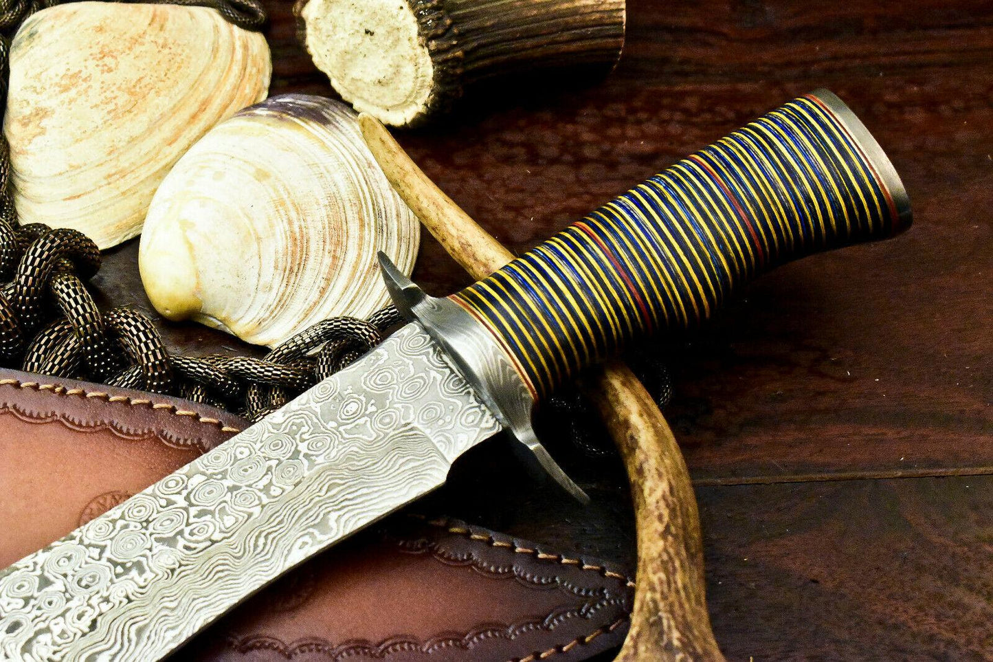 17" Damascus Bowie Hunting Knife – Wood Slice Handle with Leather Sheath