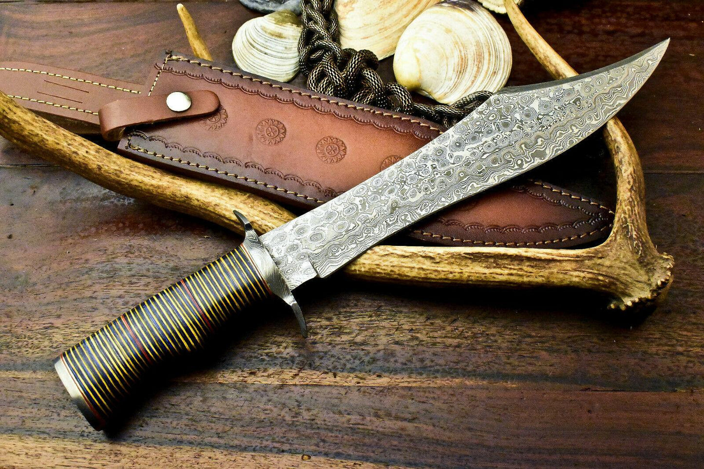 17" Damascus Bowie Hunting Knife – Wood Slice Handle with Leather Sheath