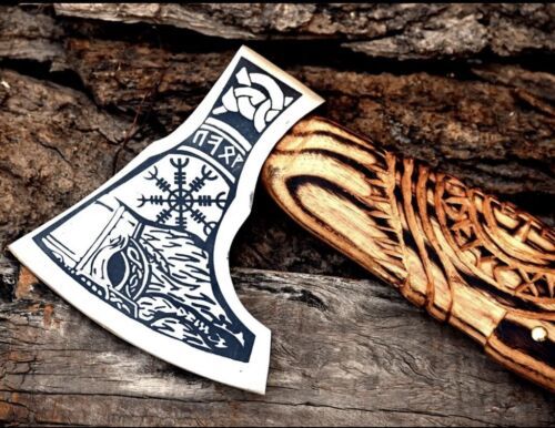 Custom Hand Forged Carbon Steel Viking Valhalla Throwing Axe with Engraved Wood Handle and Leather Sheath