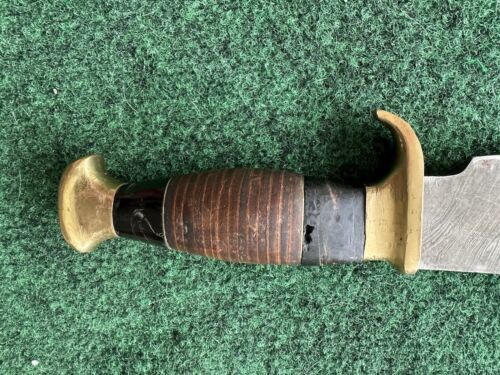 Heritage Forge Vintage 12 Inch Handmade Damascus Bowie Knife with Aged Wood Grip