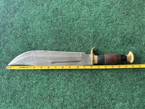 Heritage Forge Vintage 12 Inch Handmade Damascus Bowie Knife with Aged Wood Grip