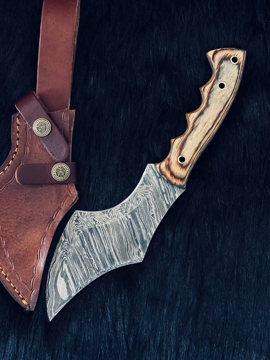 Heritage Forge 11 Inch Twist Damascus Kukri Knife with Camel Bone and Wood Handle