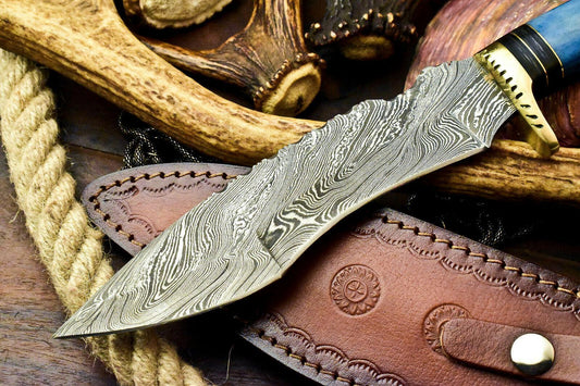 Handmade Damascus Steel Bowie Knife – Camel Bone Handle & Leather Sheath