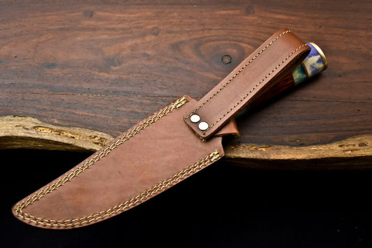 Handmade Damascus Steel Bowie Knife – 12" Camel Bone Hunting Knife with Leather Sheath