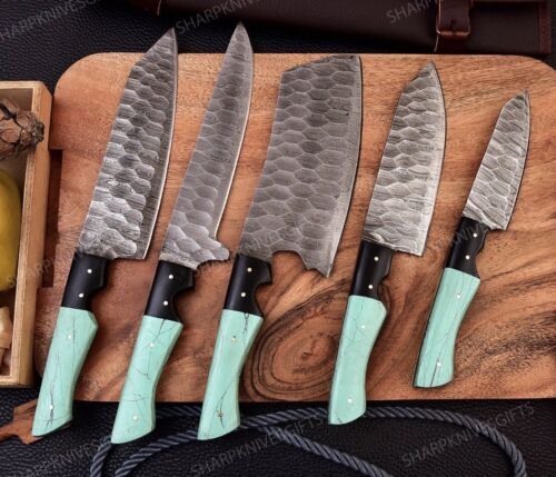 5-Piece Handmade Damascus Steel Chef Knife Set | Heritage Forge Kitchen Cutlery