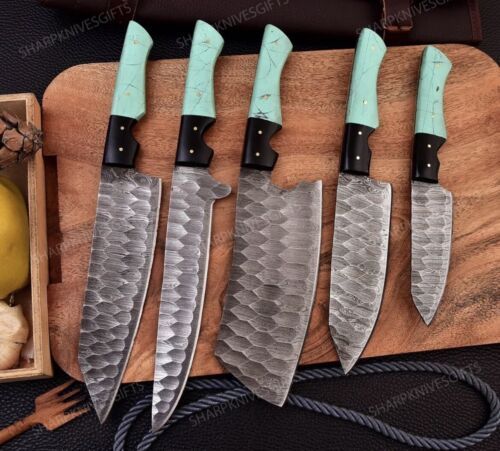 5-Piece Handmade Damascus Steel Chef Knife Set | Heritage Forge Kitchen Cutlery