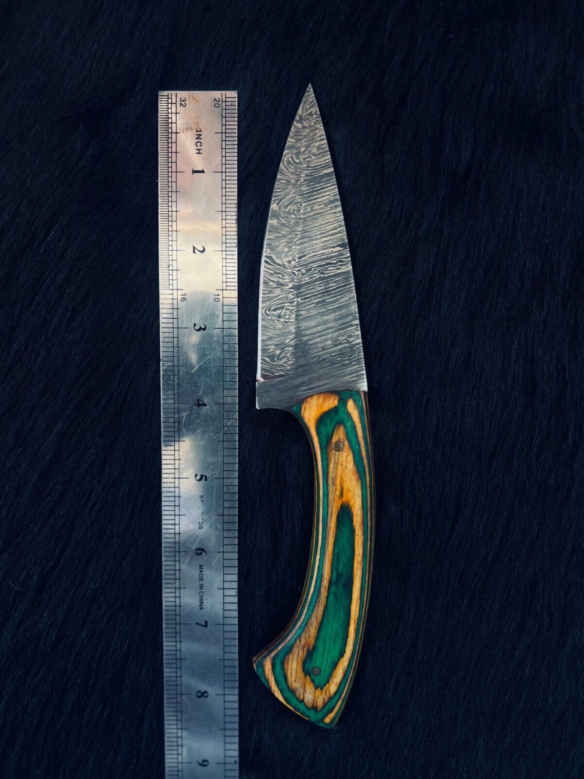 Heritage Forge 8.5 Inch Twist Damascus Skinner Knife with Camel Bone and Wood Handle