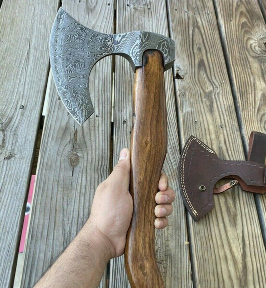 Hand Forged Damascus Steel Rosewood Handle Tomahawk Hatchet Axe with Leather Sheath