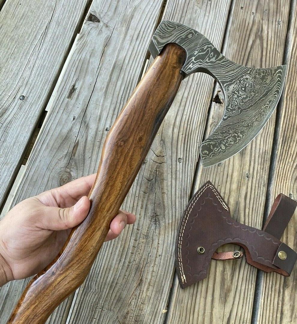 Hand Forged Damascus Steel Rosewood Handle Tomahawk Hatchet Axe with Leather Sheath
