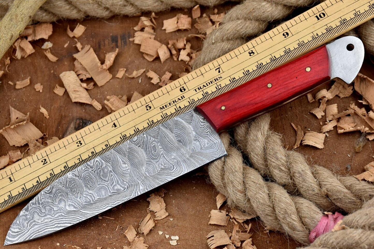 Hand Forged Custom Damascus Steel Kitchen Chef Knife with Leather Sheath – 11 Inch Full Tang