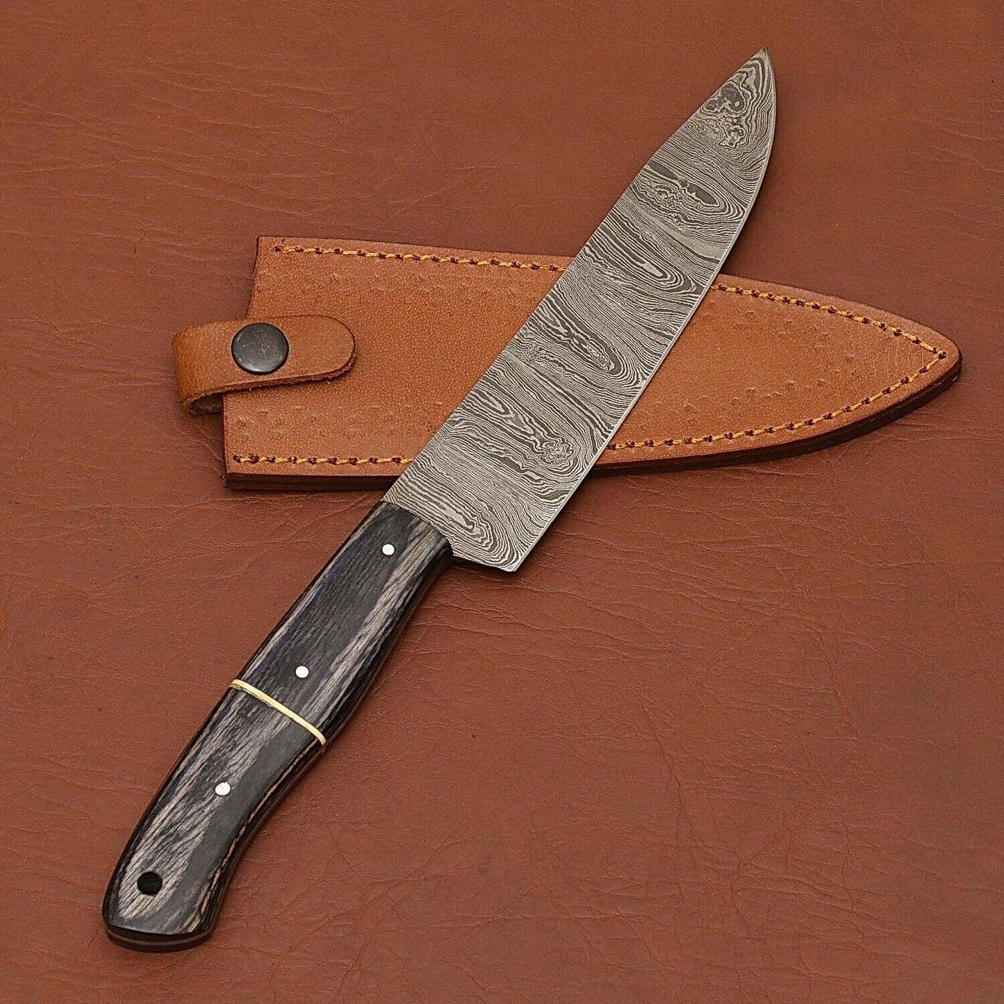 Handmade Damascus Steel Chef Kitchen Knife | Wood Handle with Leather Sheath