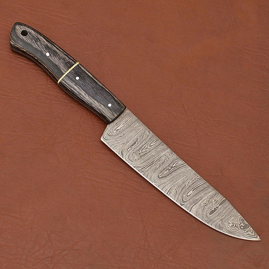 Handmade Damascus Steel Chef Kitchen Knife | Wood Handle with Leather Sheath