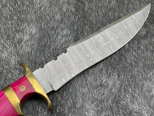 12" Handmade Damascus Steel Bowie Knife with Hardwood Handle & Leather Sheath