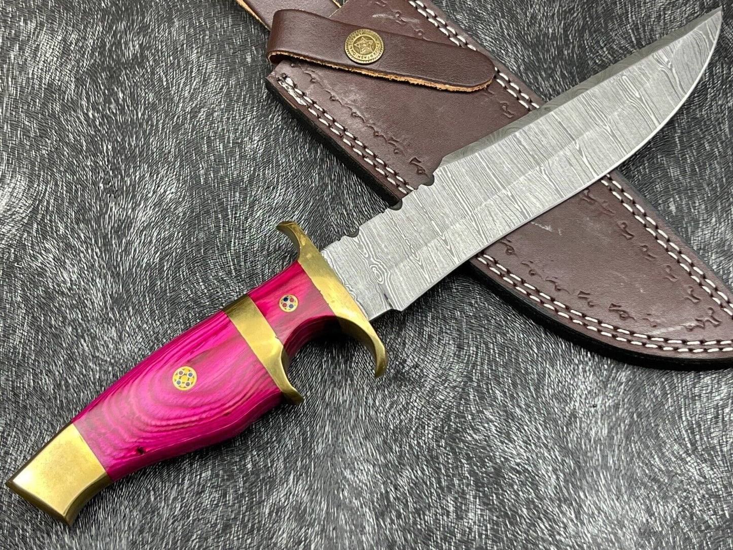 12" Handmade Damascus Steel Bowie Knife with Hardwood Handle & Leather Sheath