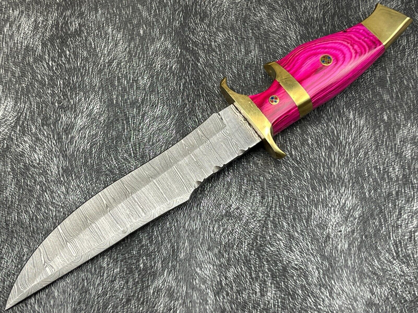 12" Handmade Damascus Steel Bowie Knife with Hardwood Handle & Leather Sheath