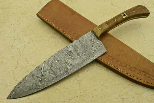 Custom Handmade Forged Damascus Steel Chef Kitchen Knife with Olive & Rose Wood Handle – 13" Professional Knife