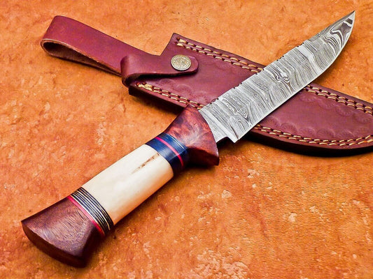 12" Handmade Damascus Bowie Knife with Camel Bone & Wood Handle