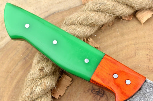 Custom Handmade Forged Damascus Steel Kitchen Chef Knife with Green Resin Handle