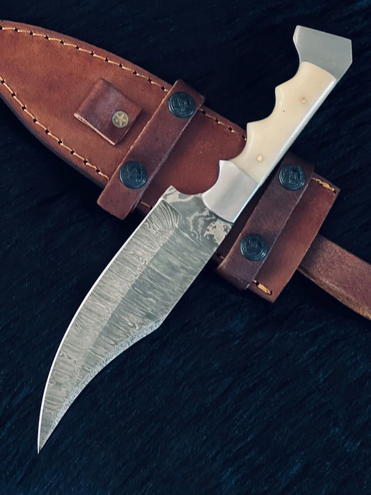 11" Fire Damascus Bowie Knife – Camel Bone Handle – Handmade Hunting Blade