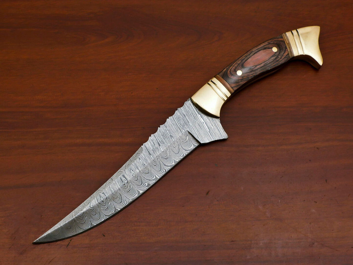 12" Handmade Damascus Bowie Knife Damascus Steel Knife with Wood Handle & Sheath